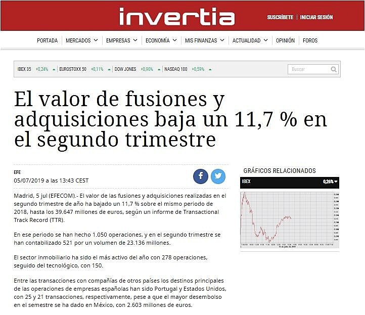 El valor de fusiones y adquisiciones baja un 11,7 % en el segundo trimestre